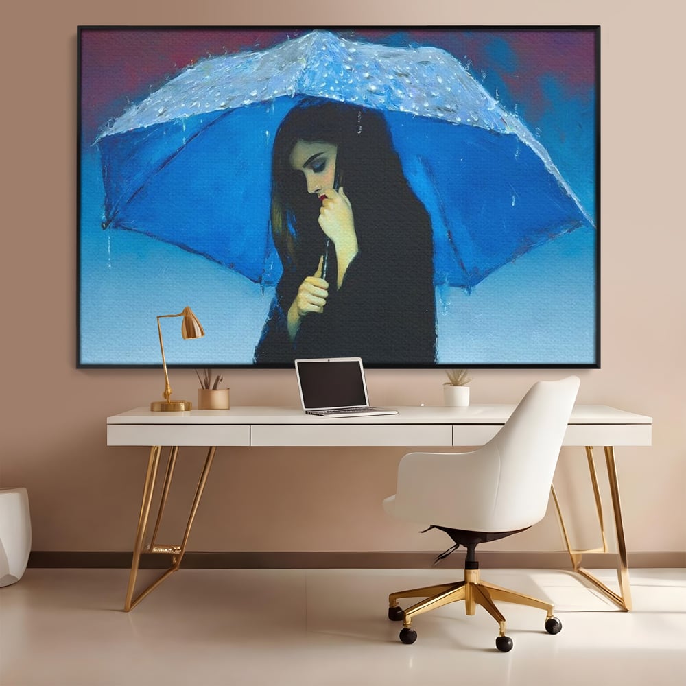 Tablou canvas cu pictura cu femeie sub umbrela albastra, in rama de aluminiu negru, pe perete intr-un birou